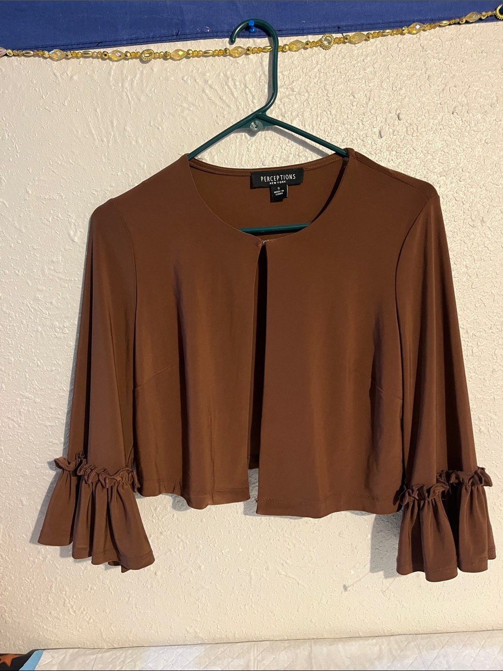 Perceptions Brown Ruffle-Sleeve Open Front Women's Blouse